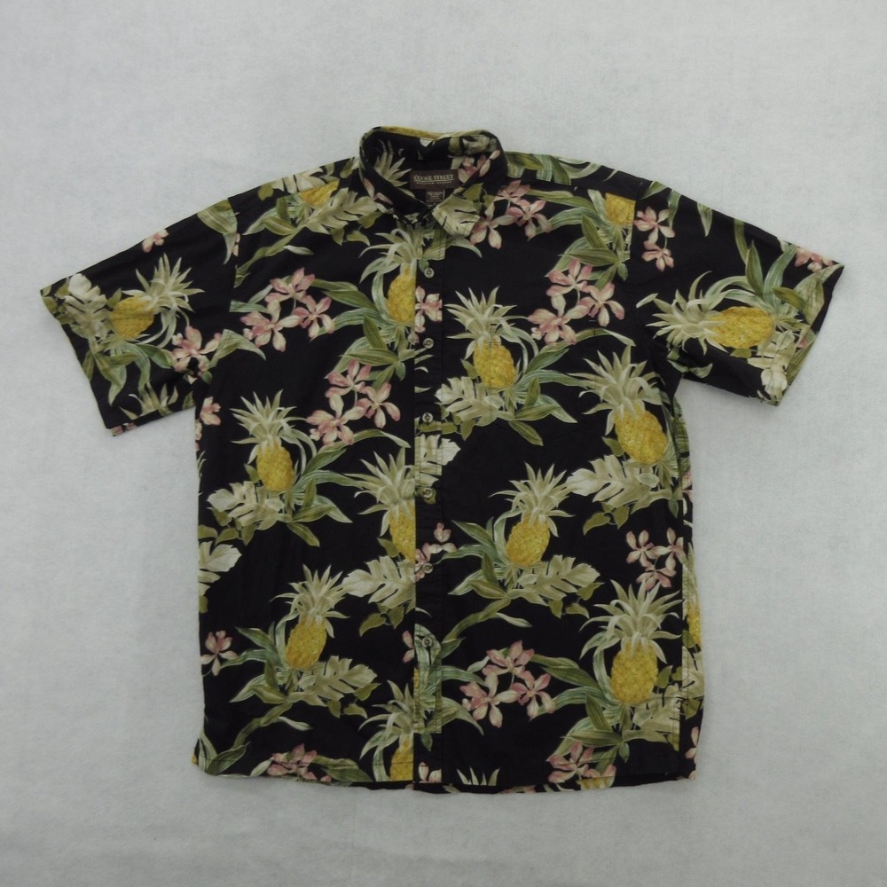 Cooke Street Hawaiian Shirt Mens Large Black Pineapple Floral Cotton Aloha